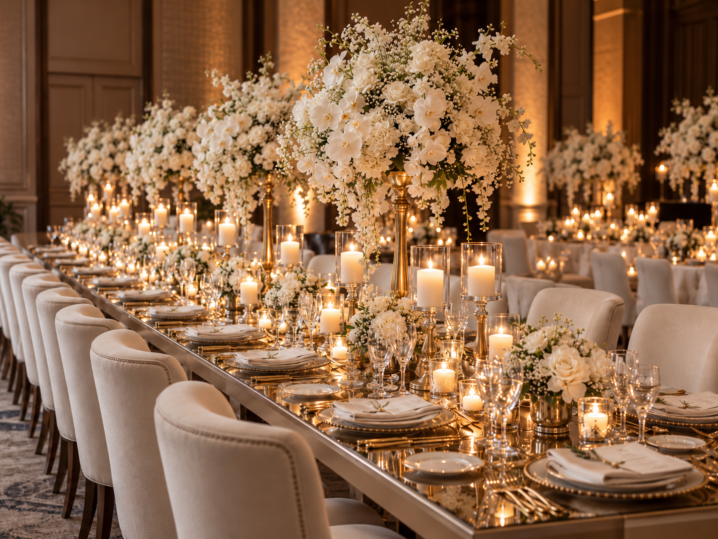Long candlelit table with white orchid centerpieces